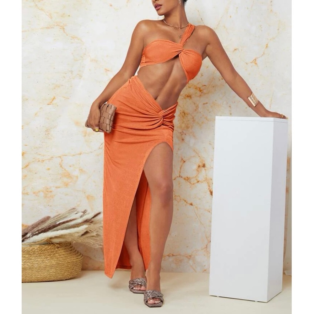 Orange One Shoulder Twist Crop Top + Skirt Set